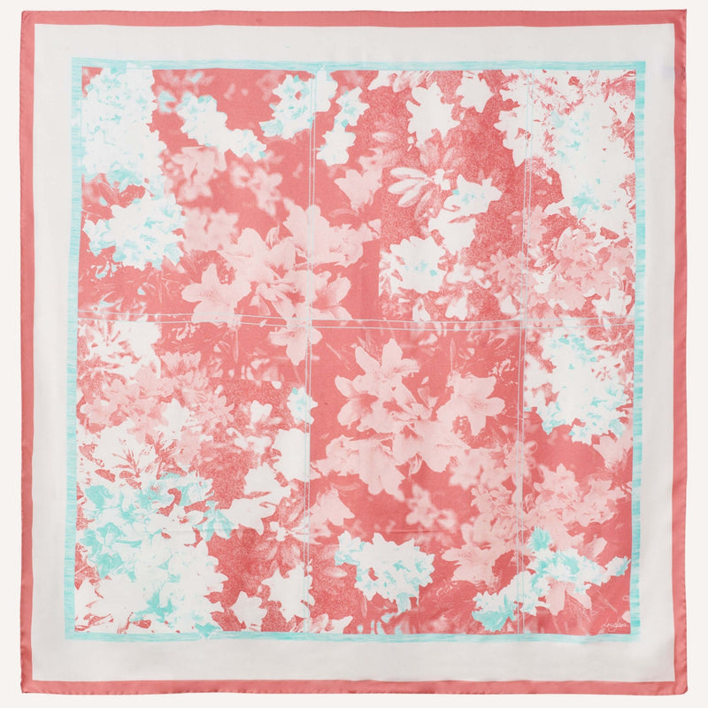 Fresh Beauty silk twill large square scarf in coral and teal colour, flat lay