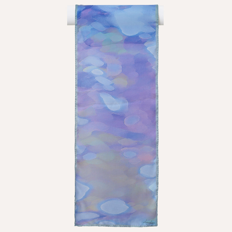 Watercolours long silk satin scarf in blue colours, flat