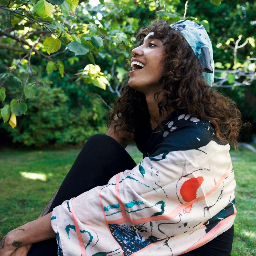 Japanese Orchid Holiday teal and peach oversized square Cotton and