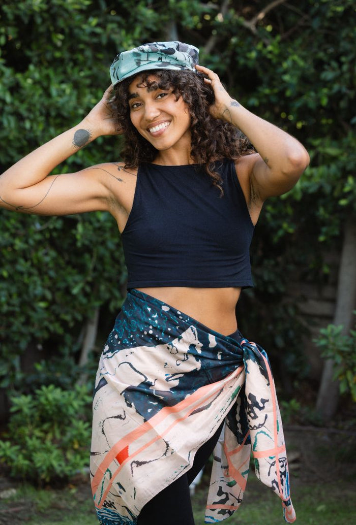 Japanese Orchid Holiday teal and peach oversized square Cotton and