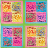 French Roses small silk square scarf in lime green, pink and blue colours, shown flat 