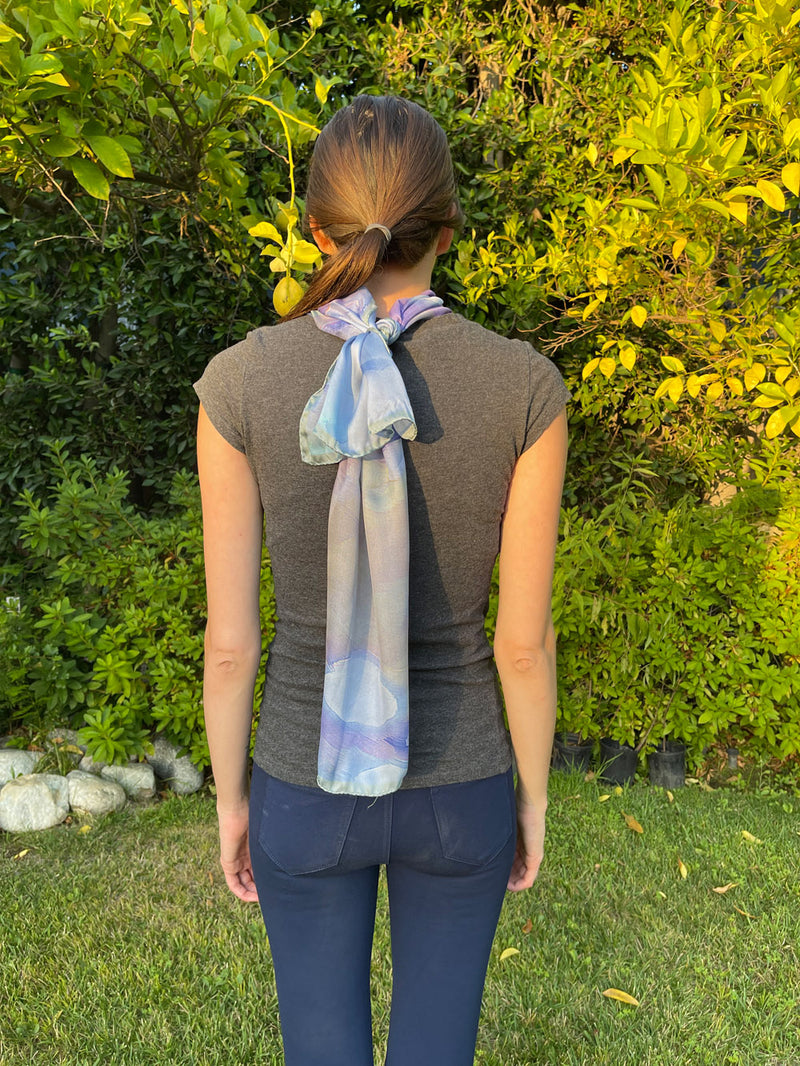 Watercolours blues long scarf worn tied and draped down back