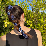 Vivaia  Twilly in indigo and blue silk twill worn braided in hair
