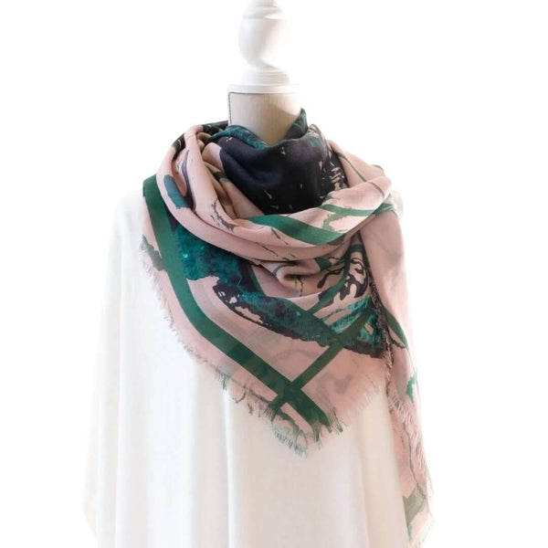 extra large square silk and cashmere shawl in deep green and soft pink with Japanese orchid design