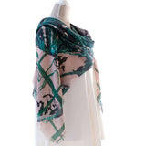 oversized square silk and cashmere scarf in deep green and soft pink with Japanese orchid design