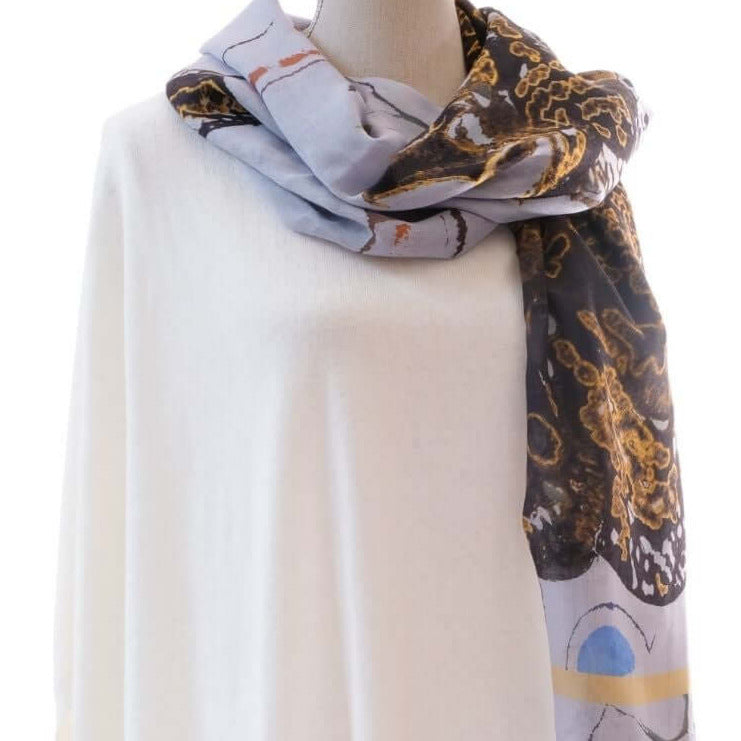 front view of cashmere and silk long scarf lavender black and gold colour Japanese orchid design