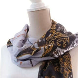 cashmere and silk long scarf lavender black and gold colour Japanese orchid design