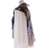 sideview cashmere and silk long scarf lavender black and gold colour Japanese orchid design