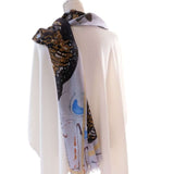 back view cashmere and silk long scarf lavender black and gold colour Japanese orchid design