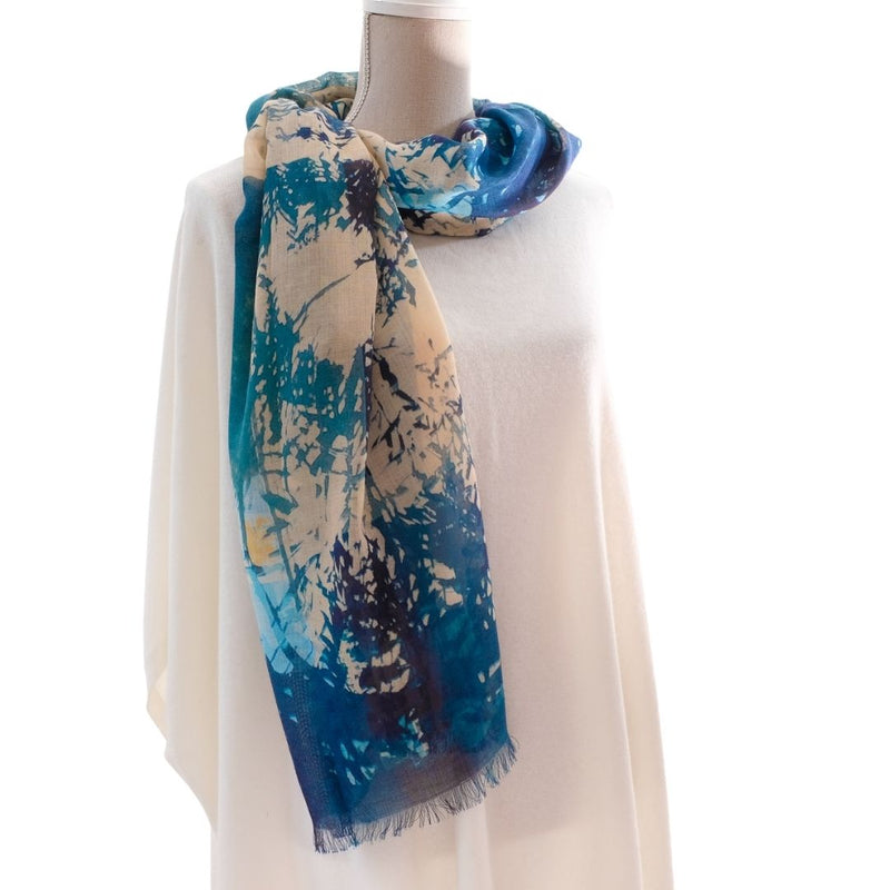 long silk and cashmere scarf in treescape design blues and greens