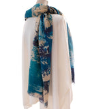 long silk and cashmere scarf in treescape design blues and greens