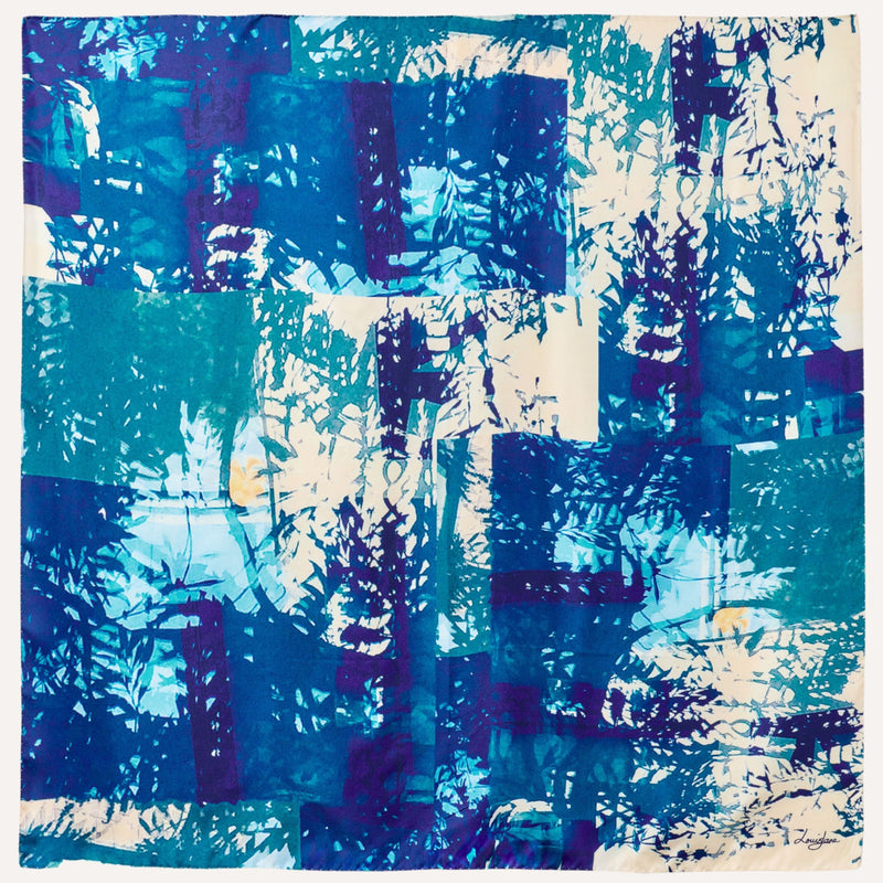 Treescape large silk square scarf blues and greens