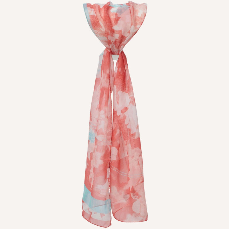Fresh Beauty long scarf in silk georgette, coral and teal colour, tied  