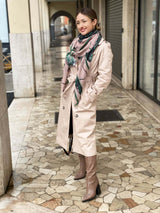 woman standing in Padova wearing Louis Jane Japanese orchid design cashmere and silk oversized square scarf