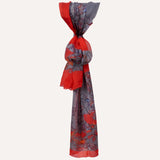 Open Heart long silk satin scarf in red and mineral grey, tied