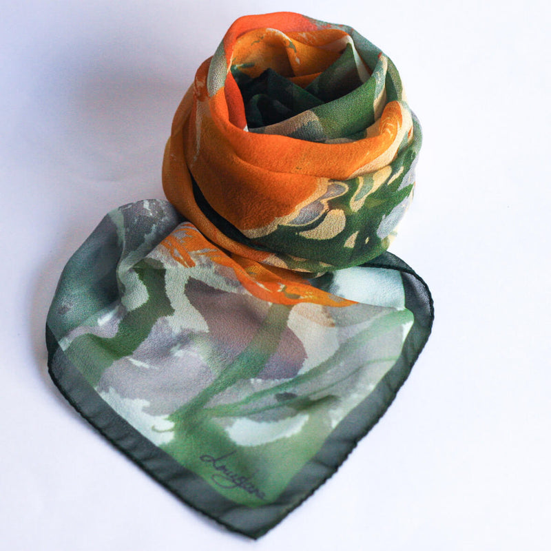 poppies long silk georgette scarf in mango sorbet and garden greens
