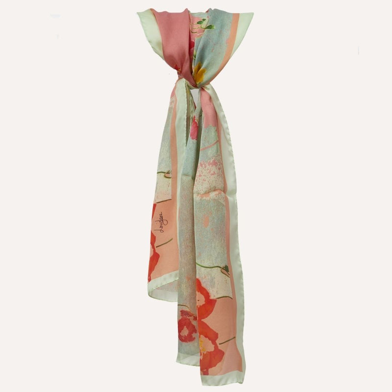 luxurious silk satin long scarf in sea of poppies design, tied
