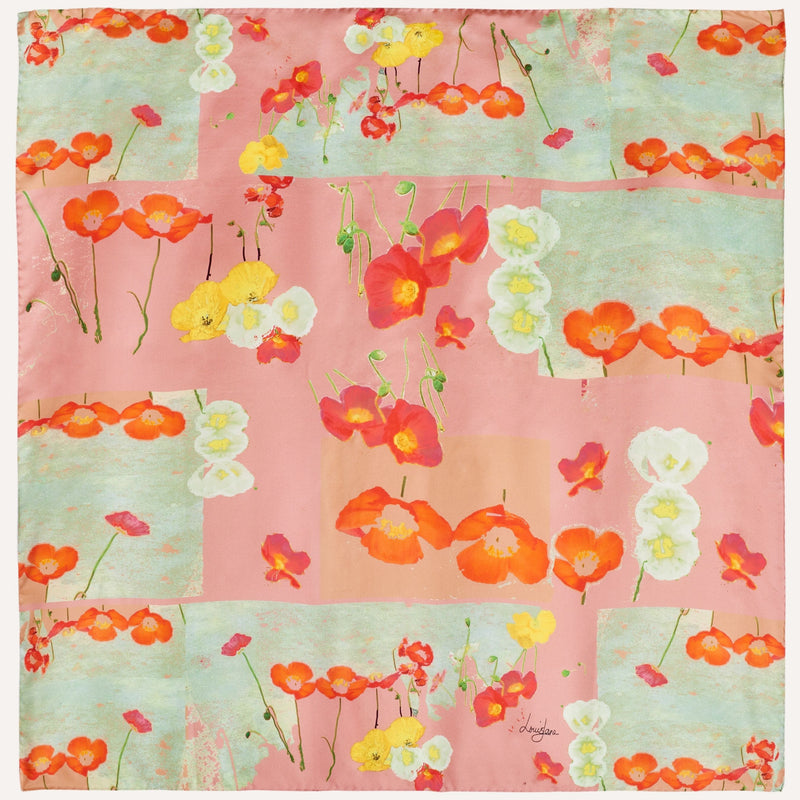 large silk twill scarf, square, coral and sea foam colours. Flat