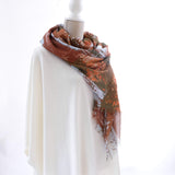 long silk and cashmere scarf in treescape design russet brown and olive green