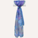 Watercolours long silk satin scarf in blue colours, tied