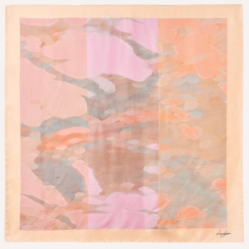 watercolours square silk scarf in peach and pink colour, flat  