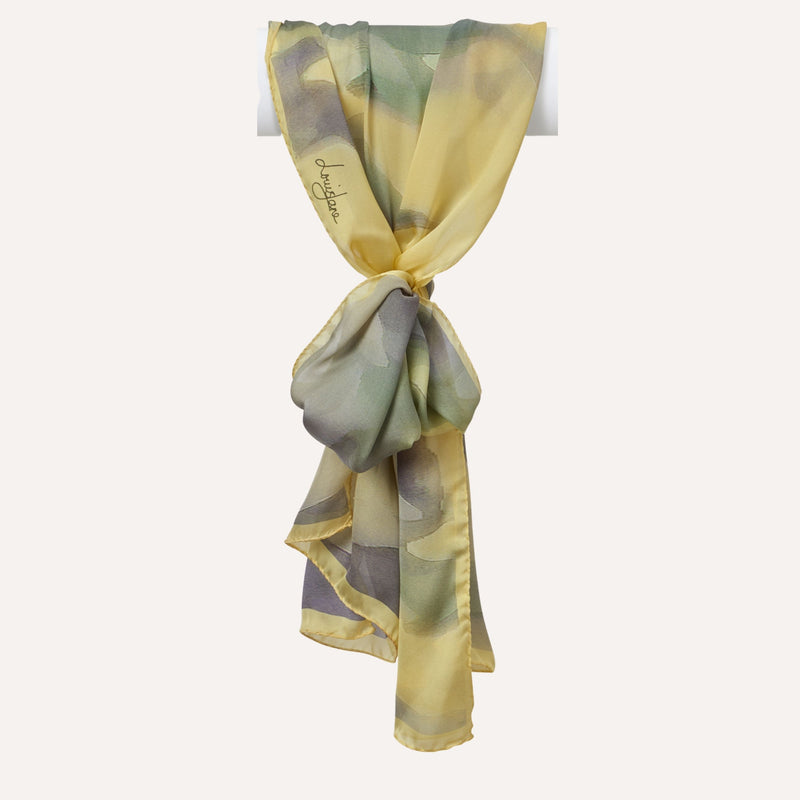 watercolours yellow long silk satin scarf, tied