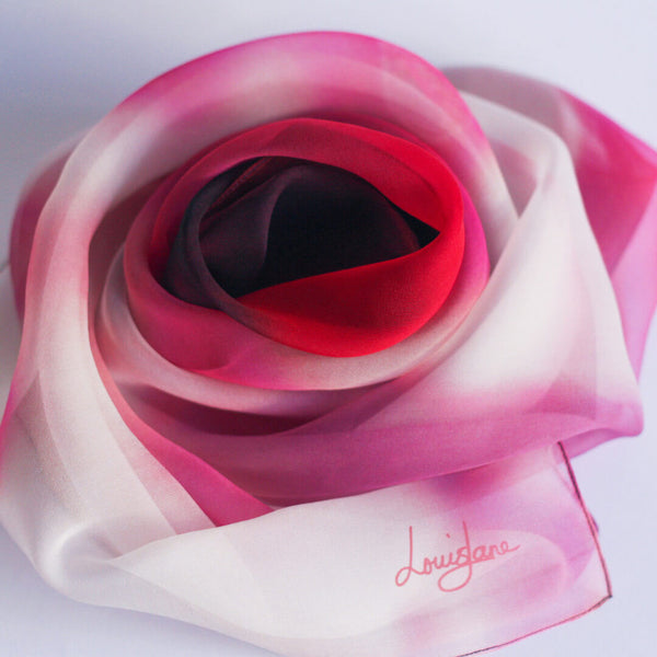 water rose silk square scarf in pink red and white